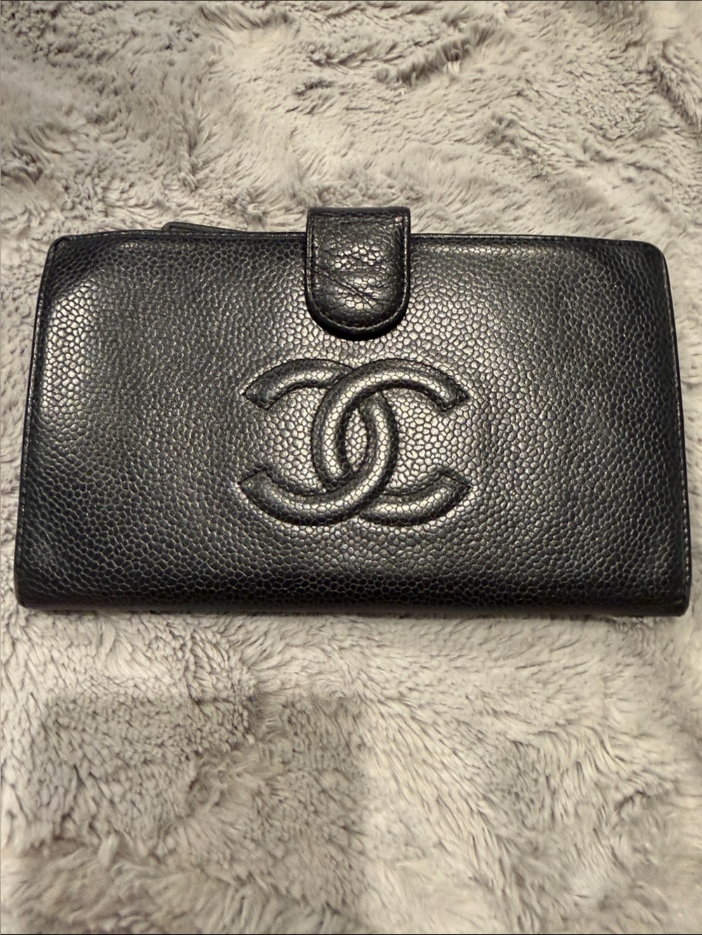 CHANEL Black Caviar Leather Wallet with Embossed CC